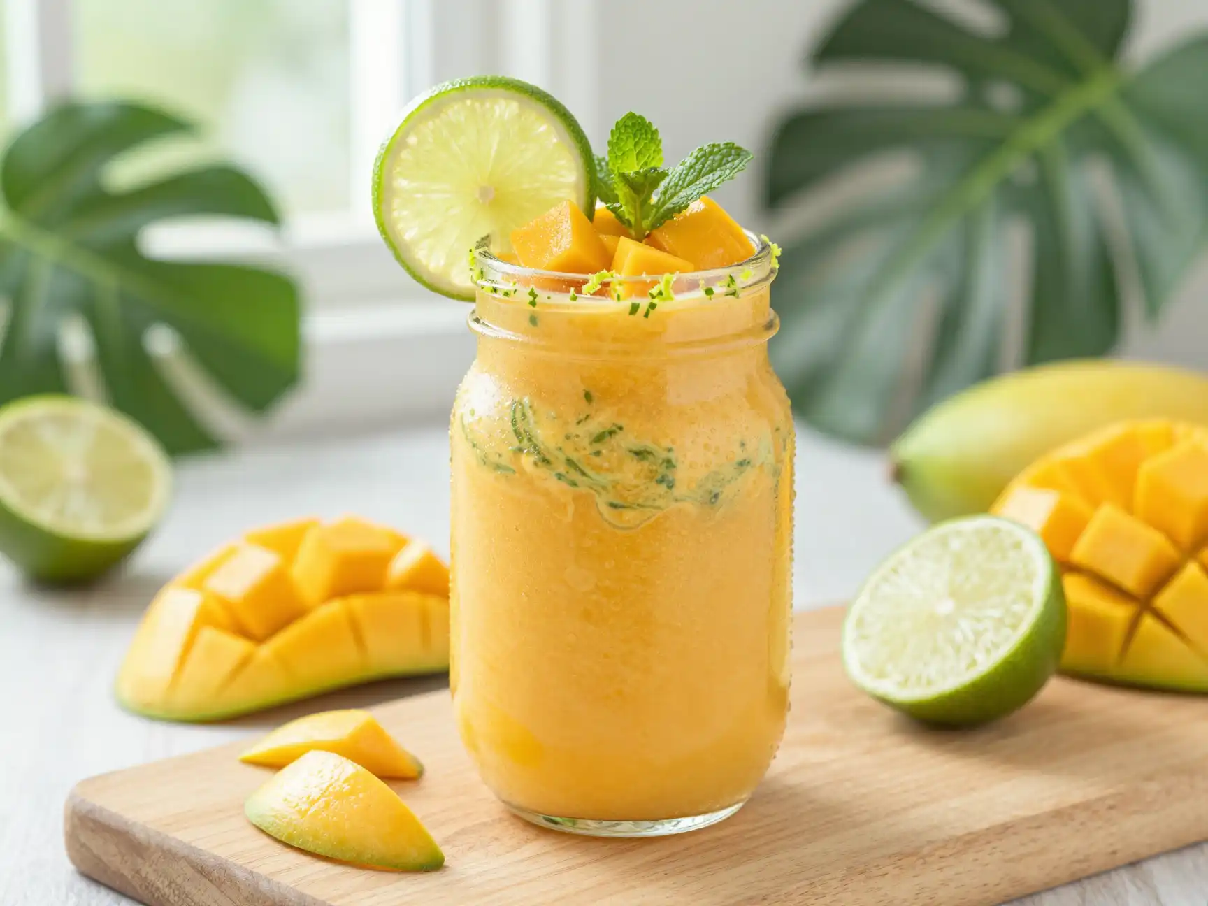 A vibrant glass filled with a sunny yellow Mango Lime Smoothie, topped with a lime slice and mint sprig, sitting on a rustic wooden table.