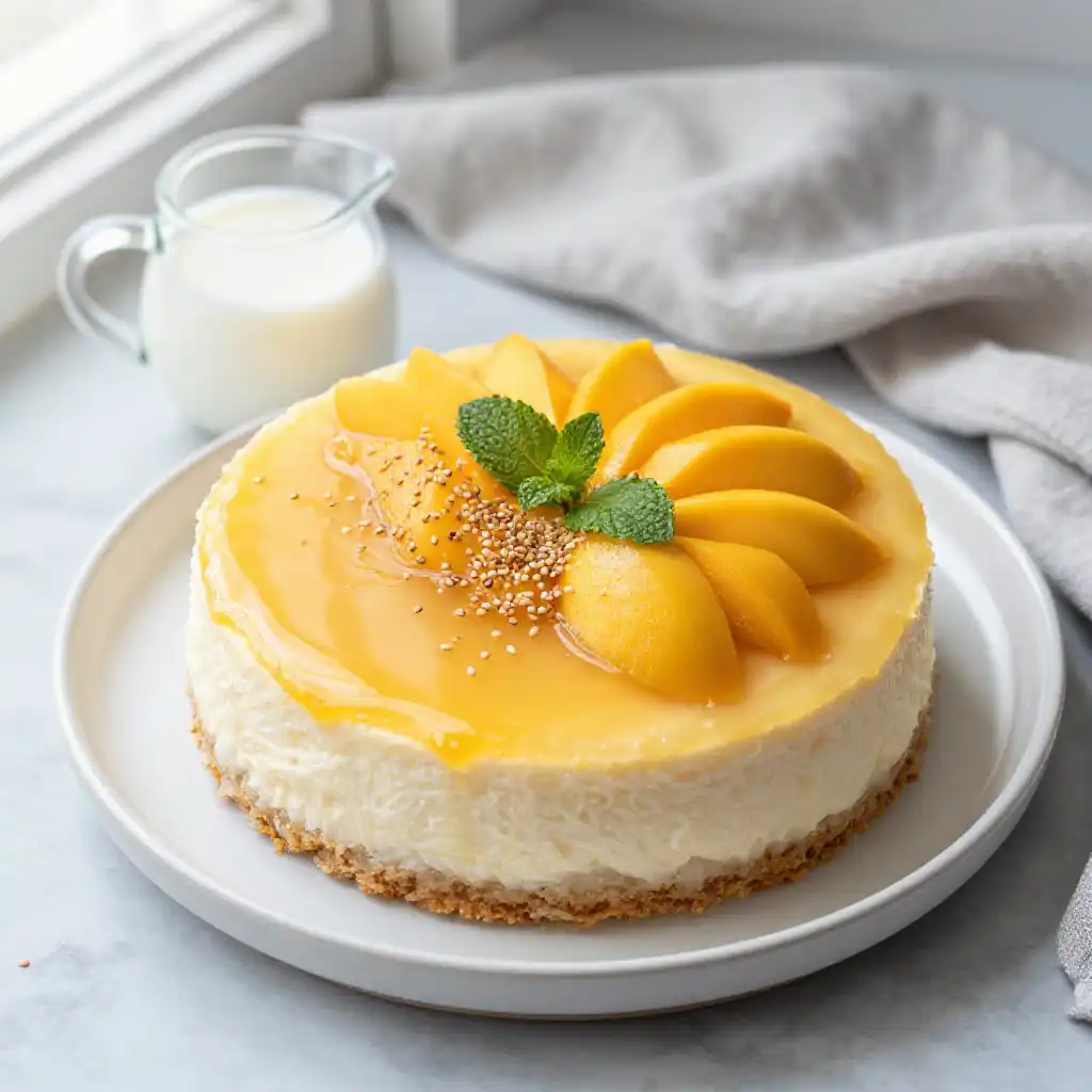 Mango Sticky Rice Inspired Cheesecake plated dish