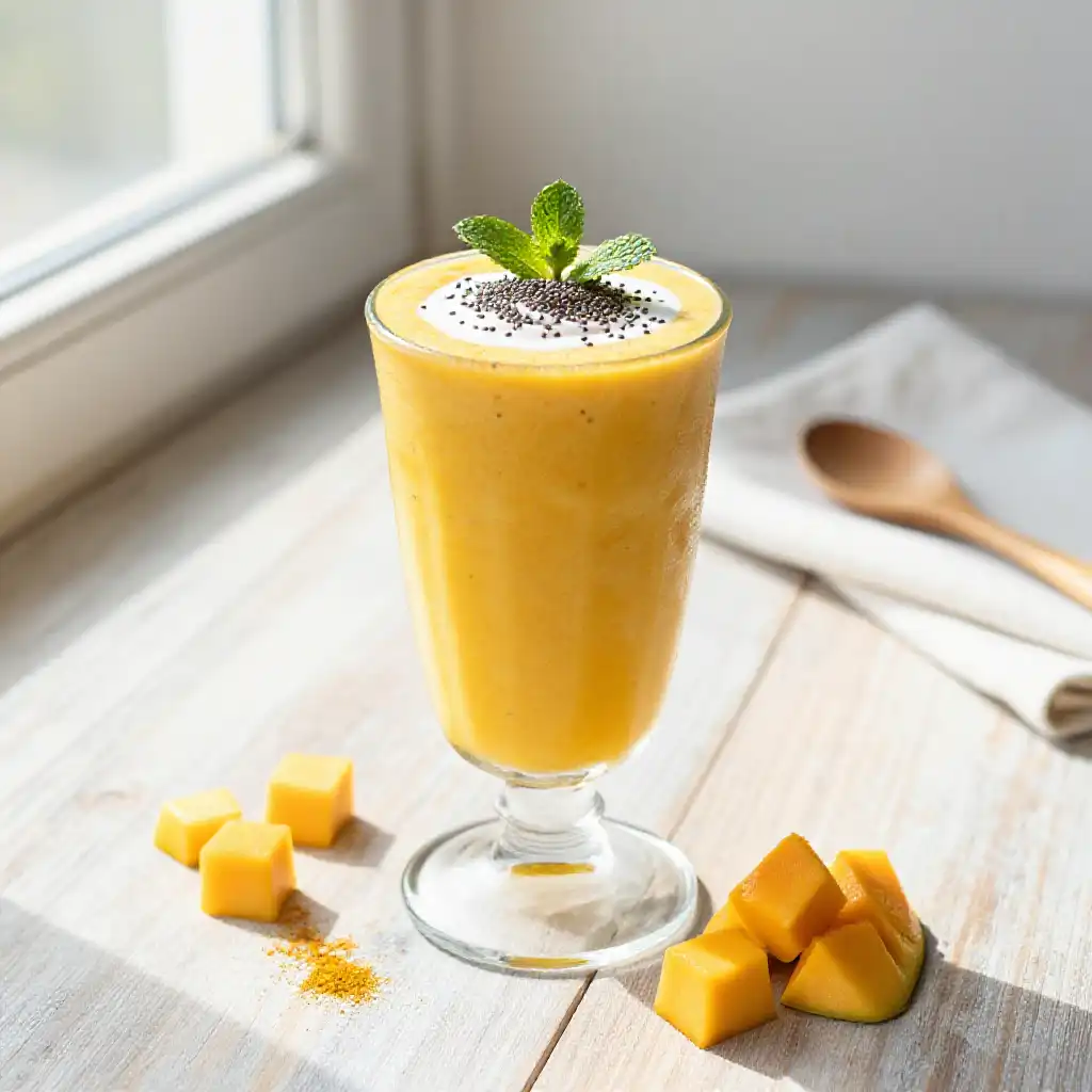 Mango Turmeric Glow Smoothie with Coconut Milk and Chia Seeds plated dish