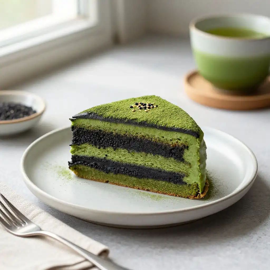 Matcha Green Tea and Black Sesame Marble Cake plated dish