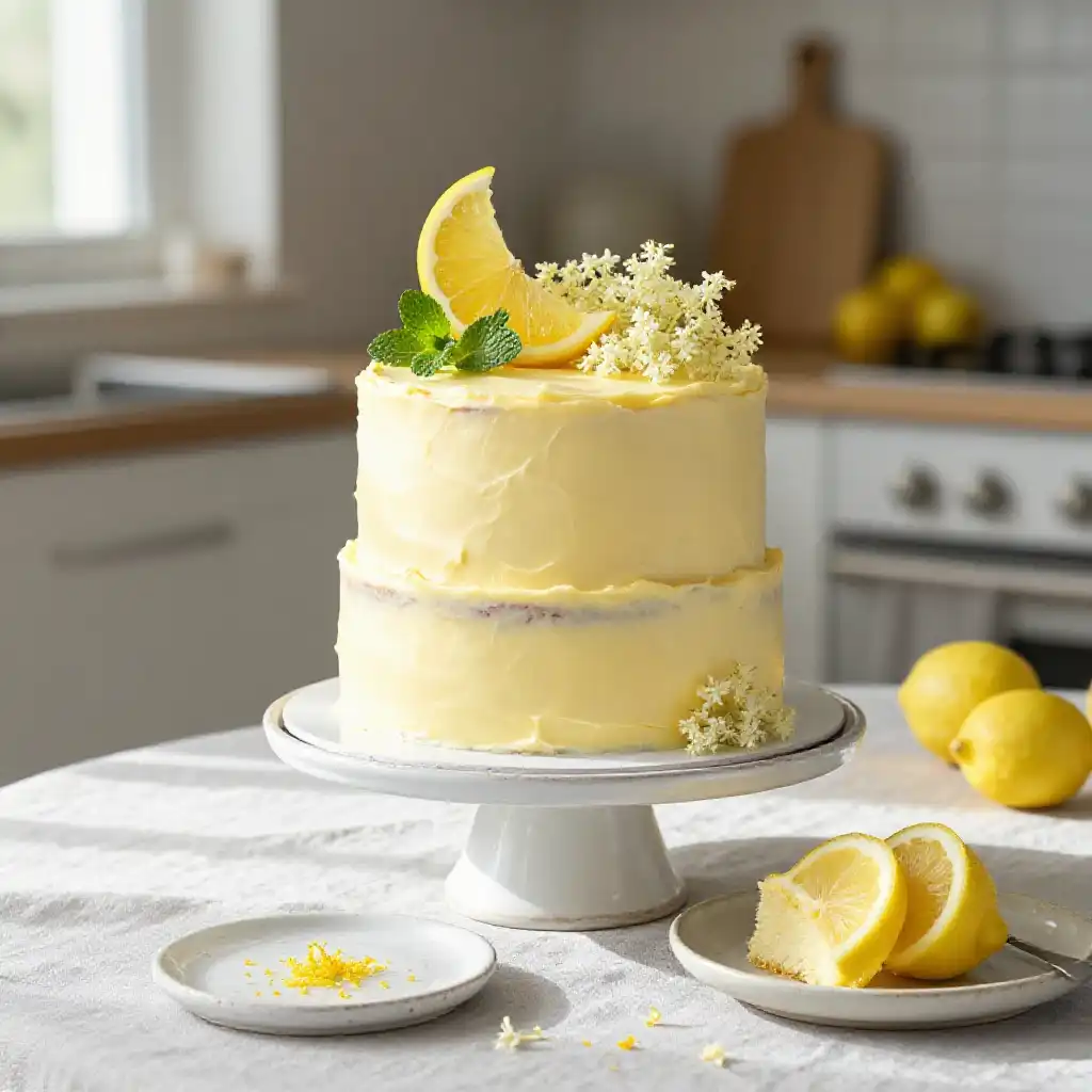 Meyer Lemon and Elderflower Layer Cake plated dish