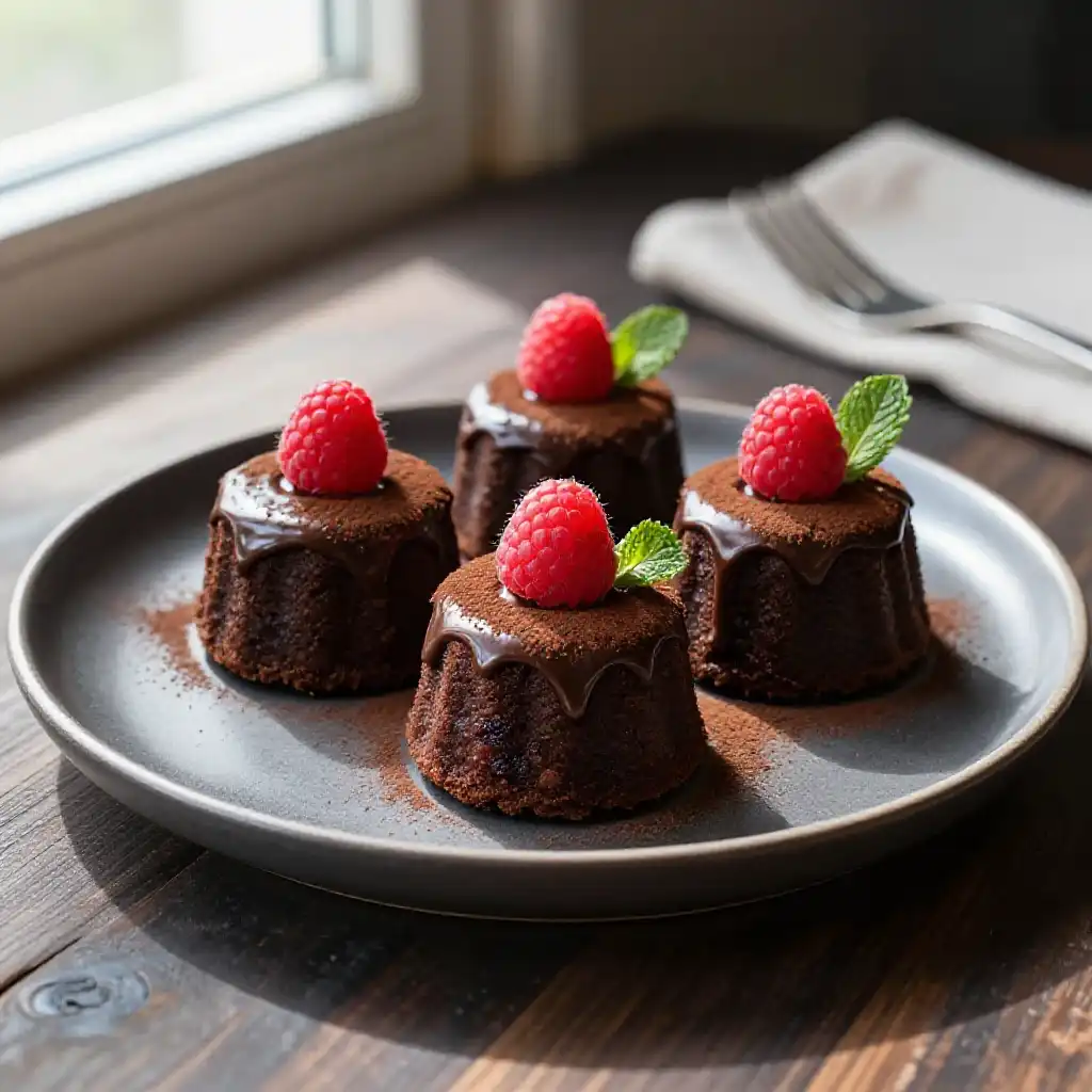 Miniature Dark Chocolate Fudge Cake plated dish