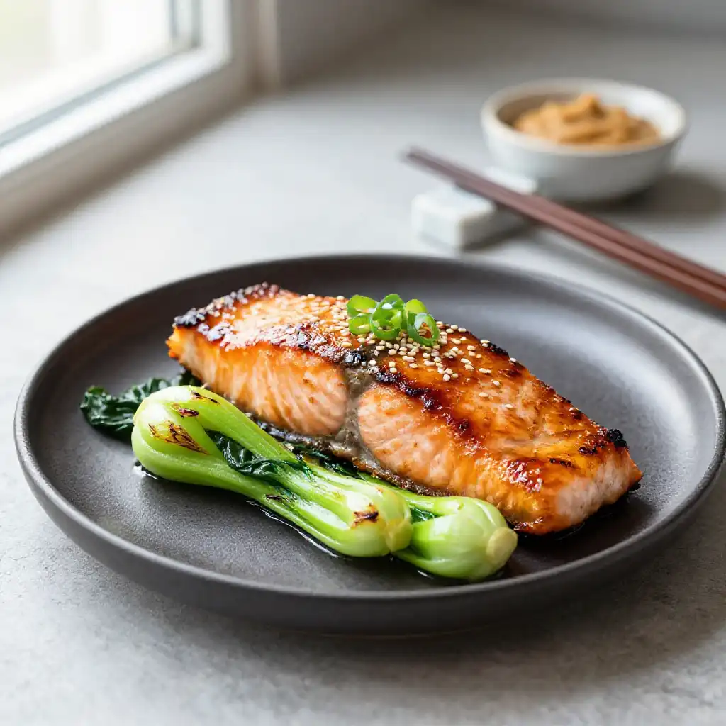 Miso Glazed Salmon with Roasted Bok Choy plated dish