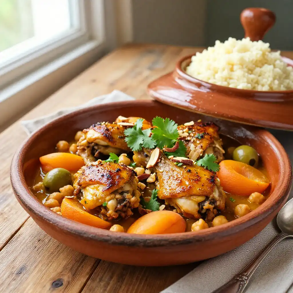 Moroccan Spiced Chicken Tagine with Apricots plated dish