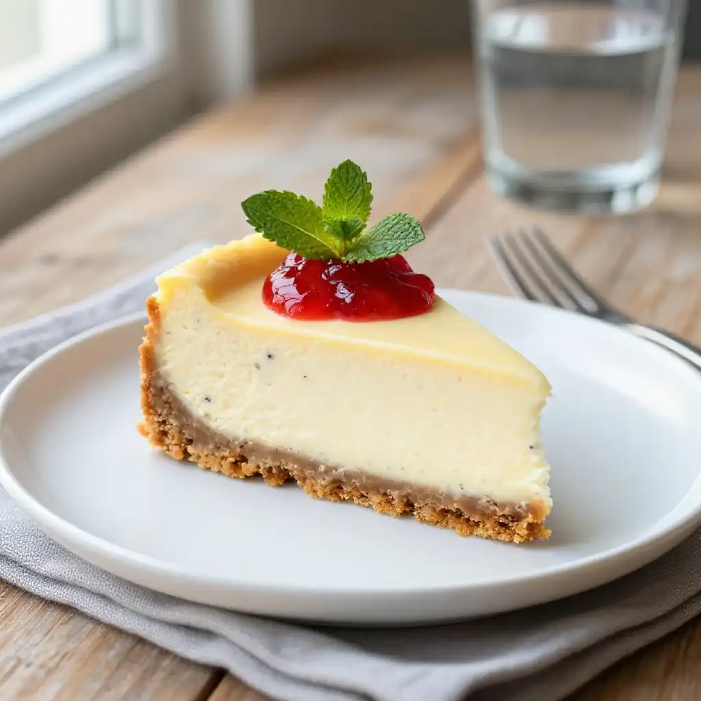 New York Style Vanilla Bean Cheesecake plated dish