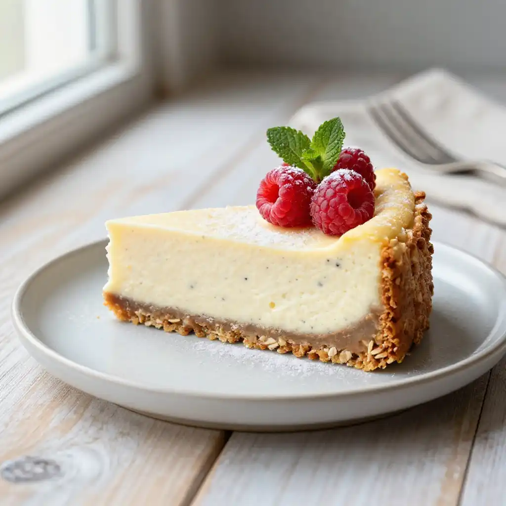 Oat Crust and Vanilla Bean Cheesecake plated dish