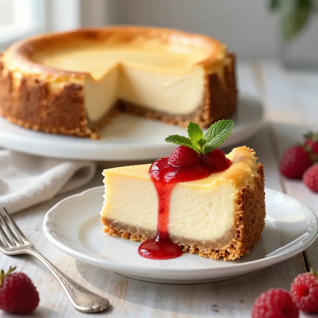 Old-Fashioned Deli Style Cheesecake plated dish