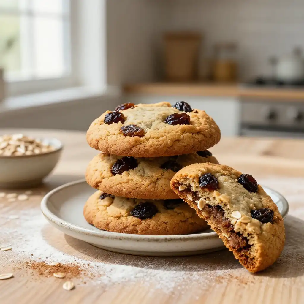 Old-Fashioned Chewy Oatmeal Raisin Cookies plated dish