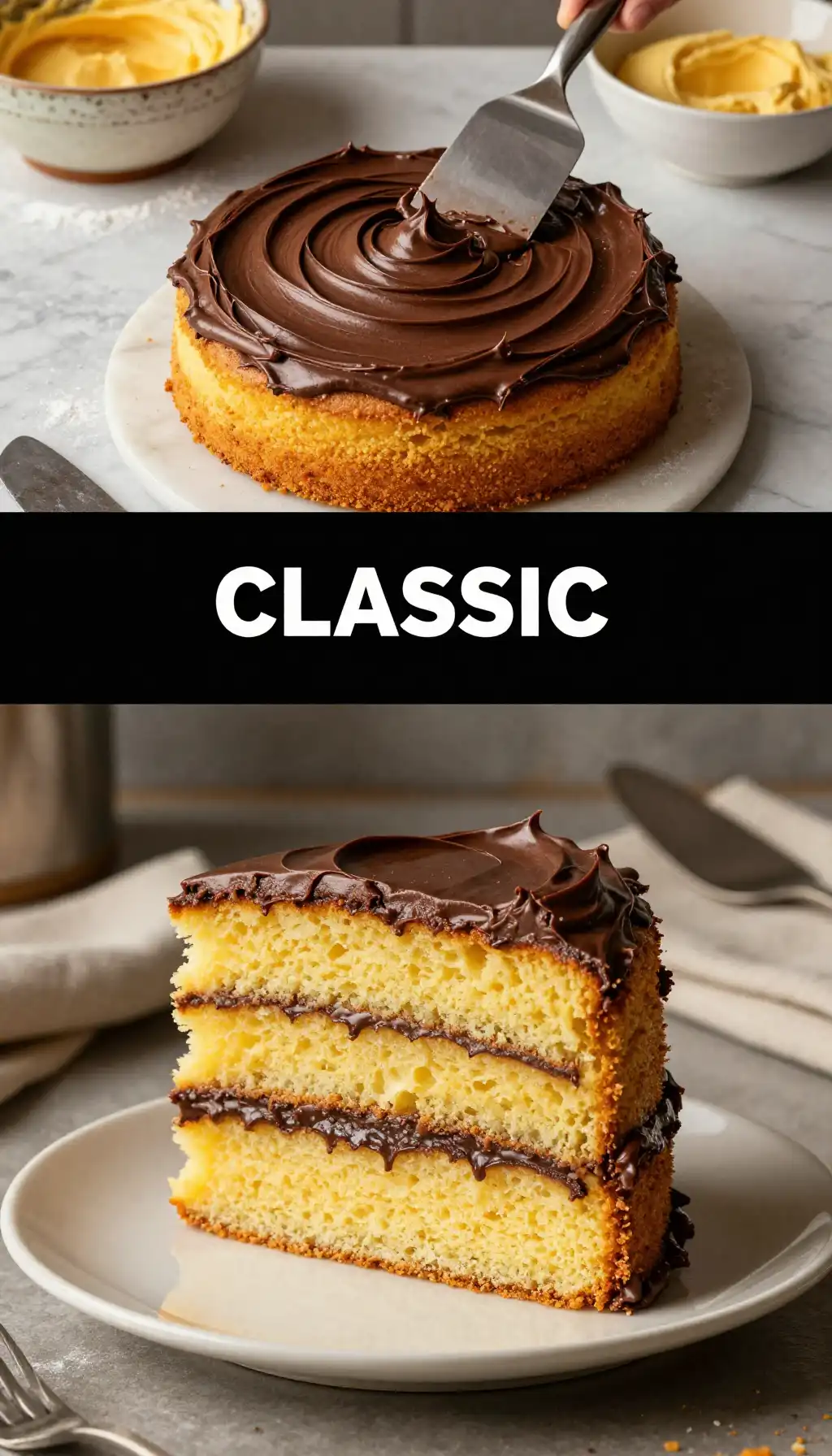 Old-Fashioned Yellow Cake With Rich Fudge Buttercream pinterest pin