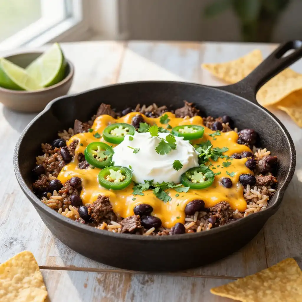 One-Pan Beef Burrito Skillet with Black Beans plated dish