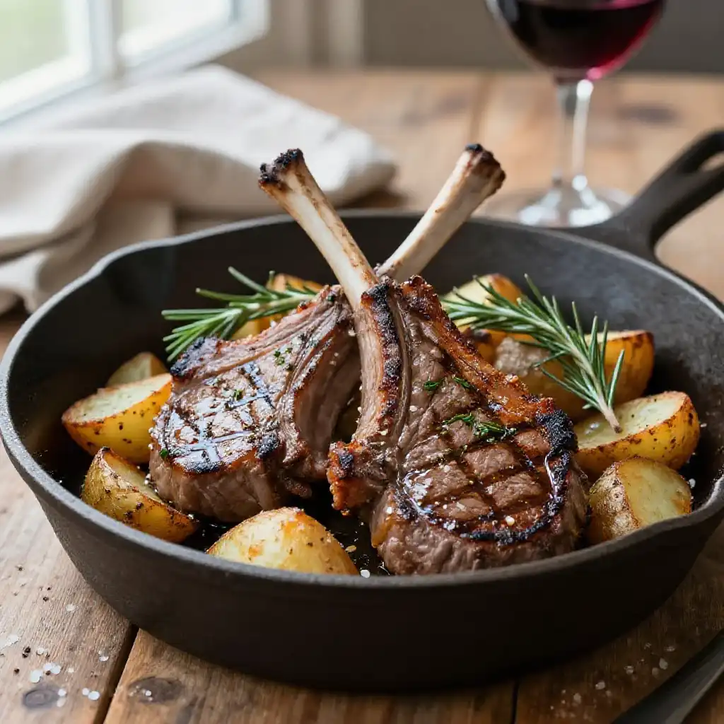 One-Pan Lamb Chops with Rosemary Roasted Potatoes plated dish