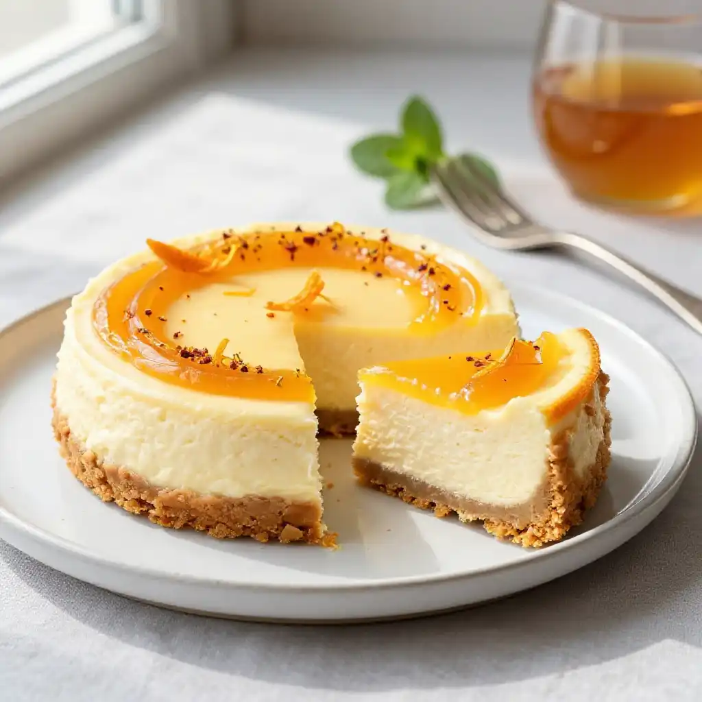 Orange Blossom and Ricotta Cheesecake plated dish