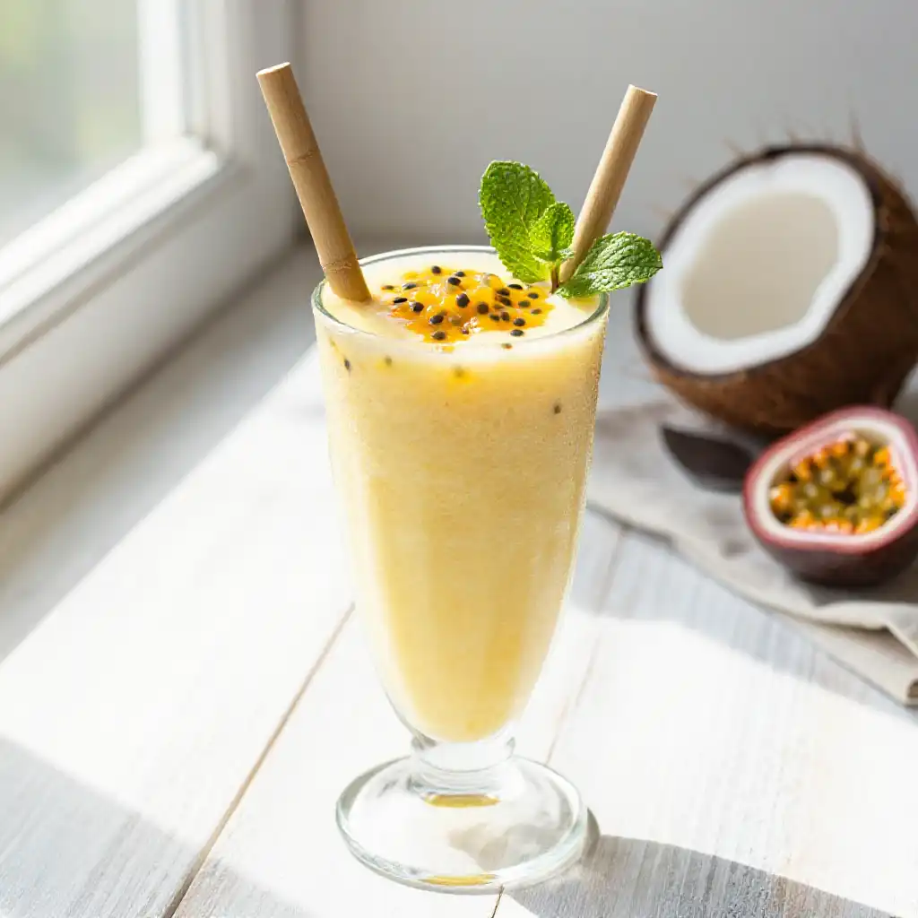 Passion Fruit Coconut Smoothie for Summer Vacation Vibes plated dish