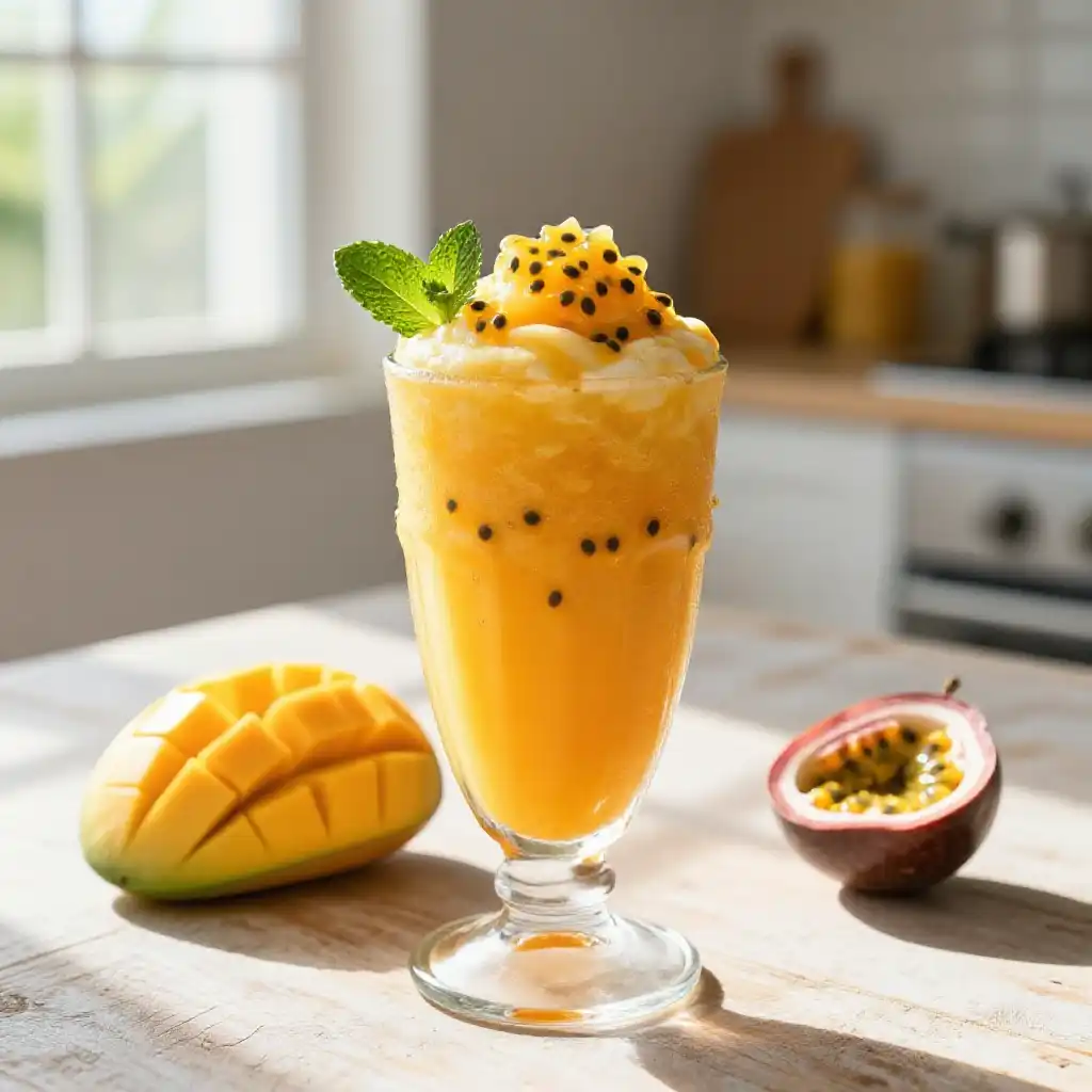 Passion Fruit Mango Smoothie for Tropical Dreams plated dish