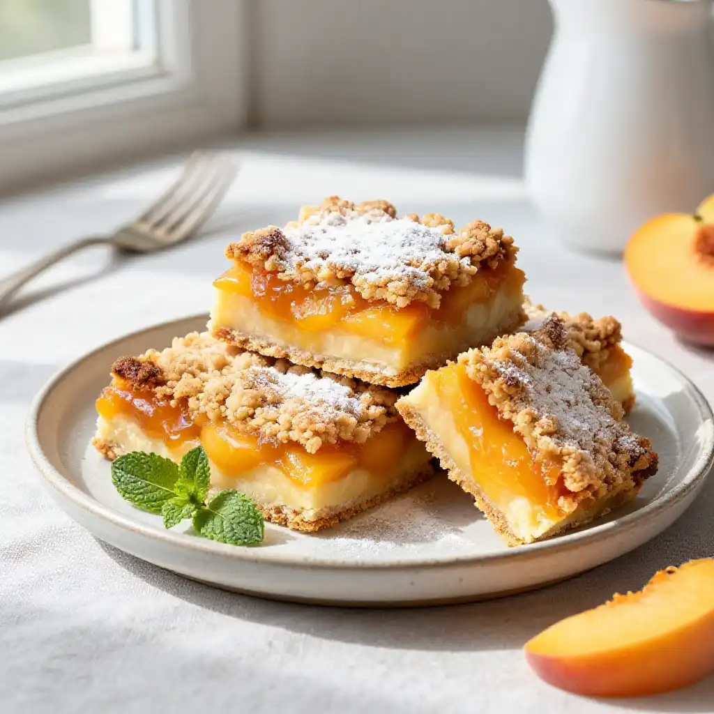 Peach Cobbler Crumble Bars plated dish