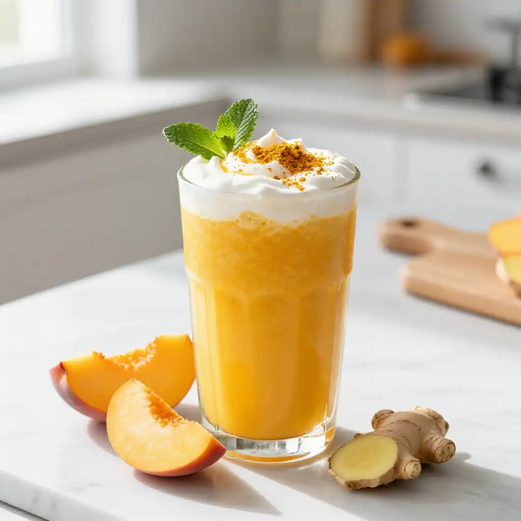 Peach Turmeric Smoothie for Golden Skin plated dish