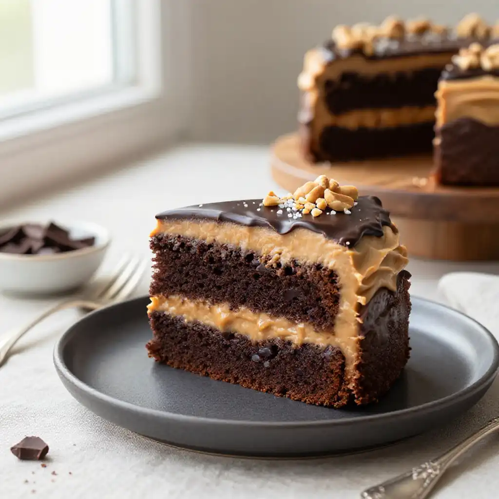 Peanut Butter And Dark Chocolate Fudge Cake plated dish