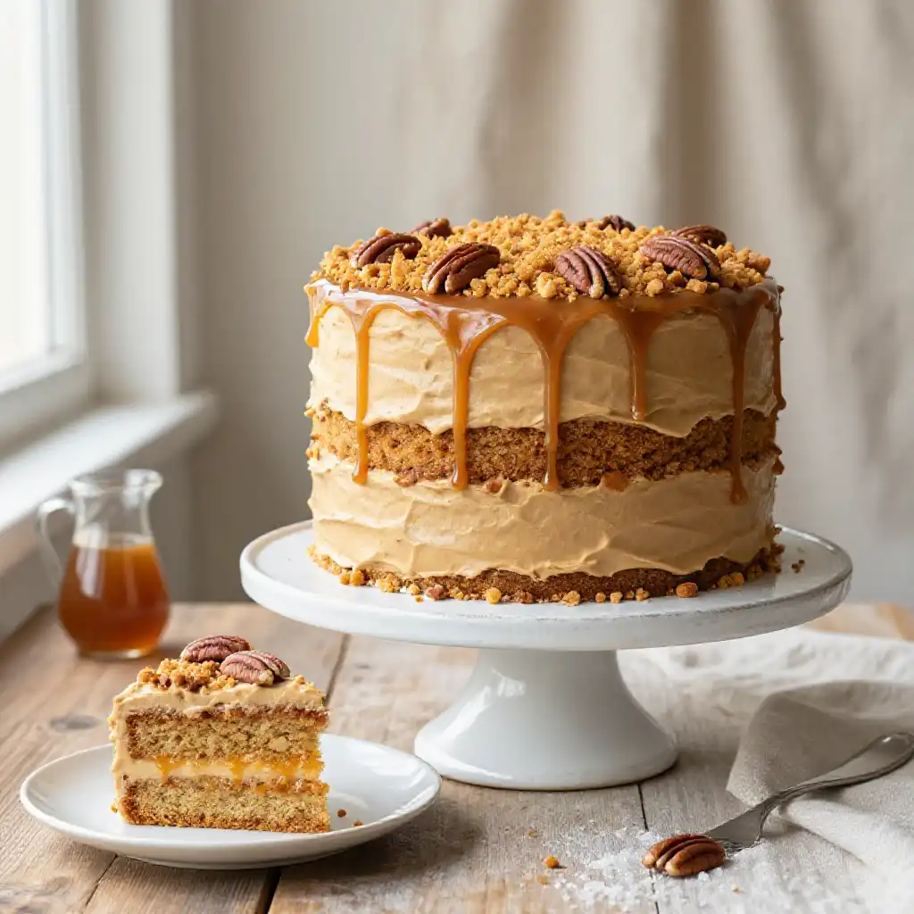 Pecan Crunch And Butterscotch Layer Cake plated dish
