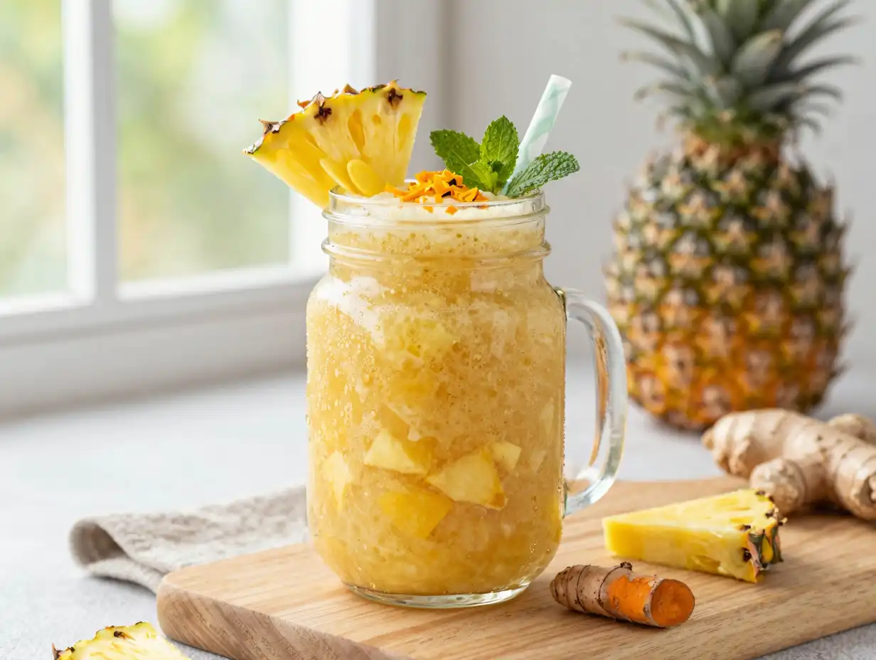 Pineapple Ginger Turmeric Smoothie for Inflammation plated dish