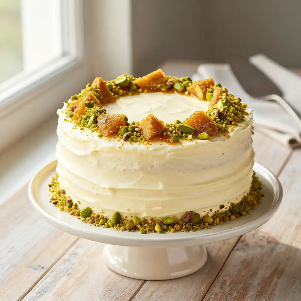 Pistachio Brittle Vanilla Layer Cake plated dish