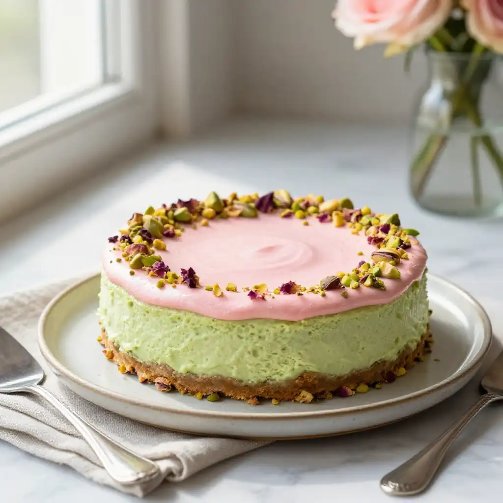 Pistachio Paste and Rose Cheesecake plated dish