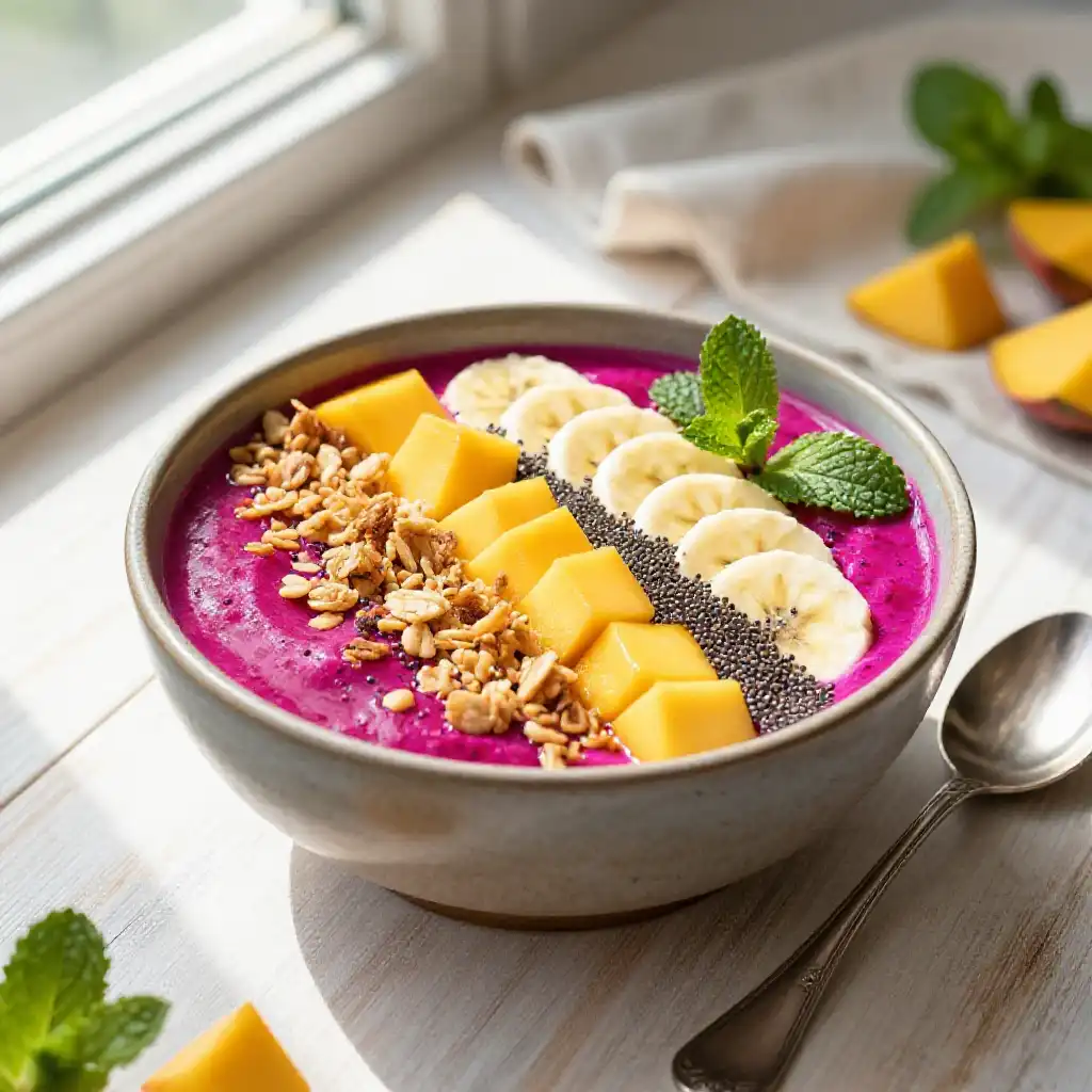 Vibrant Pink Pitaya Dragon Fruit Bowl with Mango and Banana plated dish