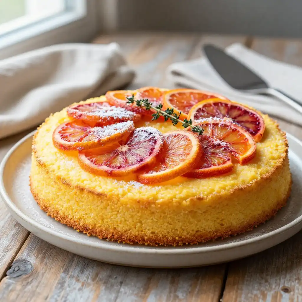 Polenta and Blood Orange Sponge Cake plated dish