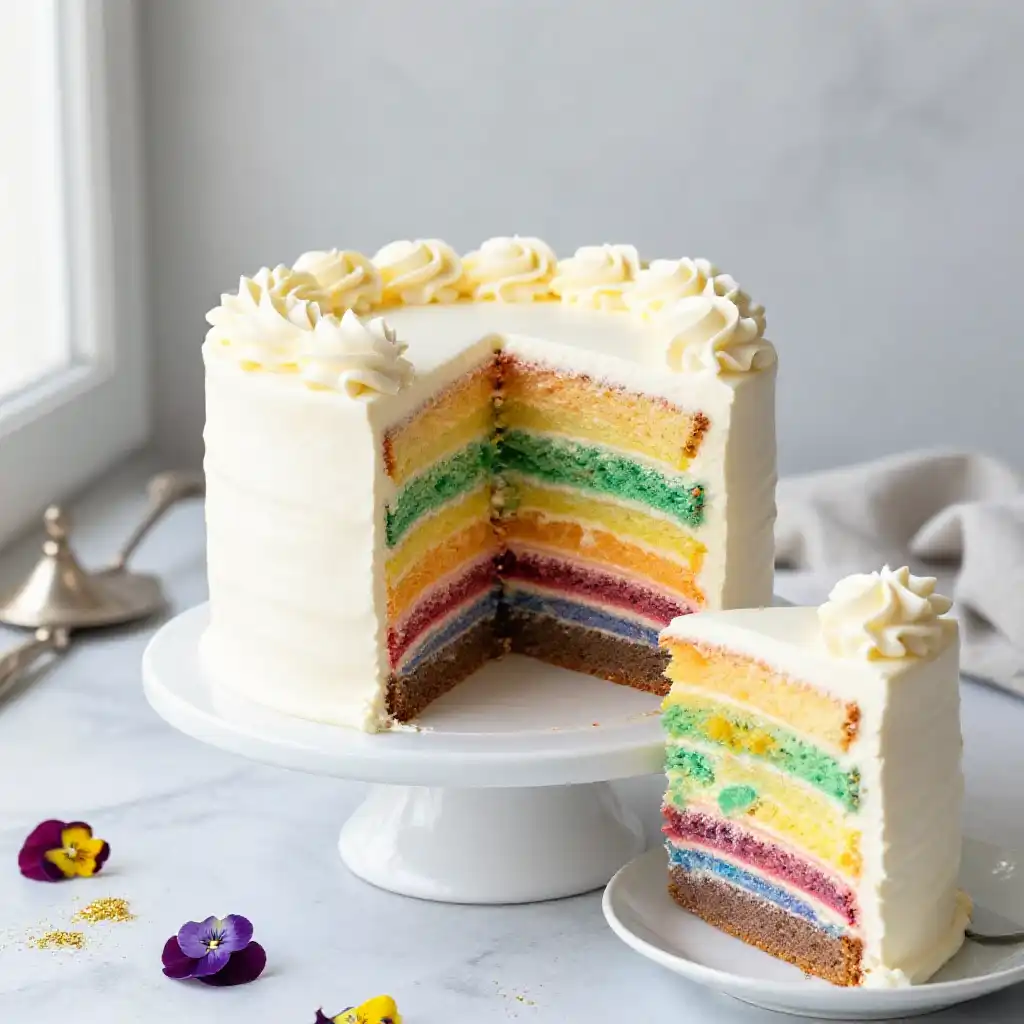 Rainbow Layered Vanilla Sponge Cake plated dish
