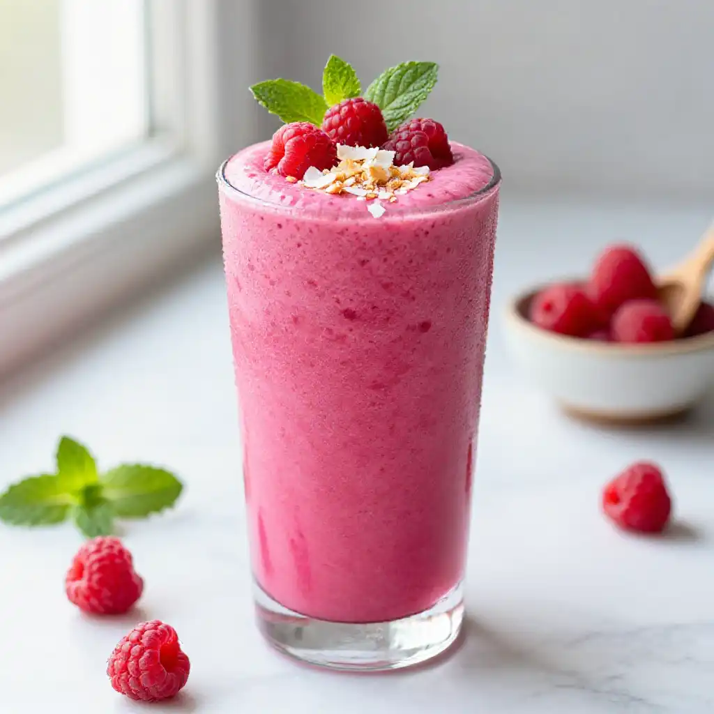 Raspberry Coconut Smoothie for Skin Radiance plated dish