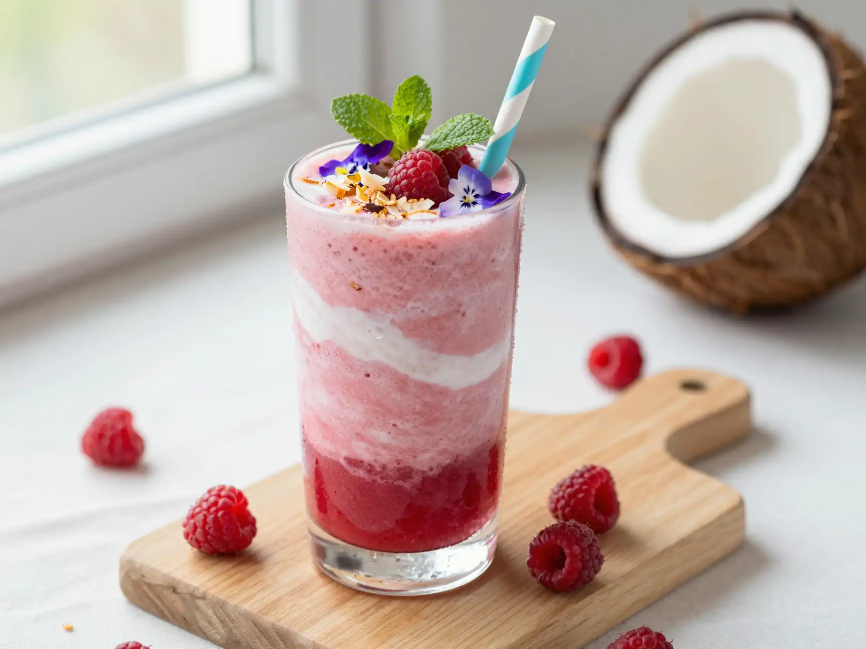 Raspberry Coconut Smoothie for Summer plated dish