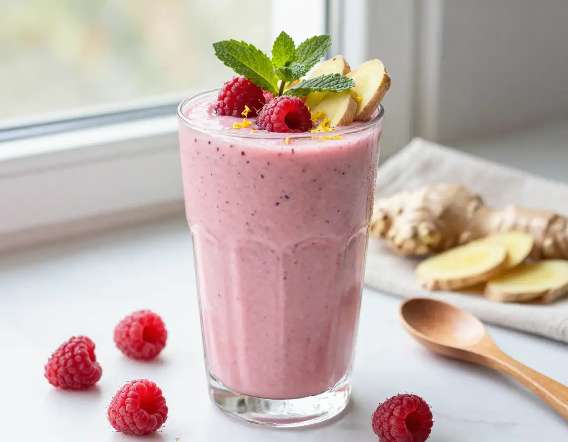 Raspberry Ginger Smoothie for Digestive Aid plated dish