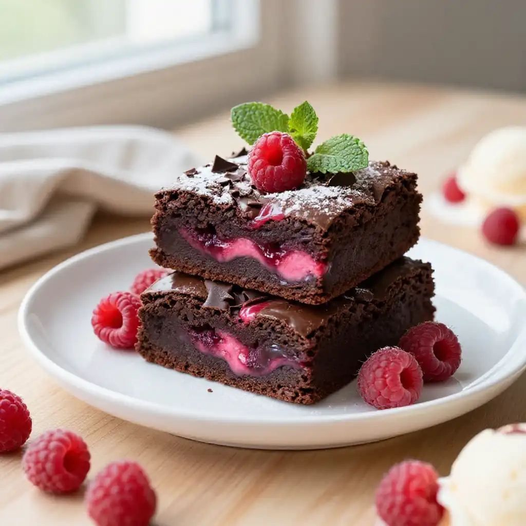 Raspberry Swirl Dark Chocolate Brownies plated dish