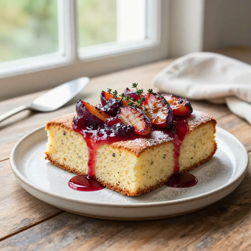 Roasted Plum And Vanilla Bean Sponge Cake plated dish
