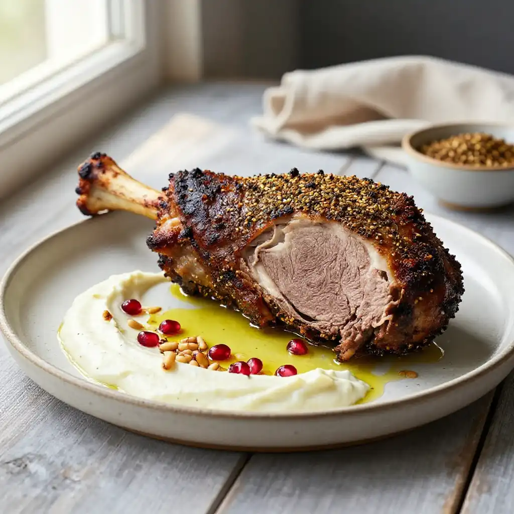 Roasted Za'atar Lamb Shoulder with Garlic Yogurt plated dish