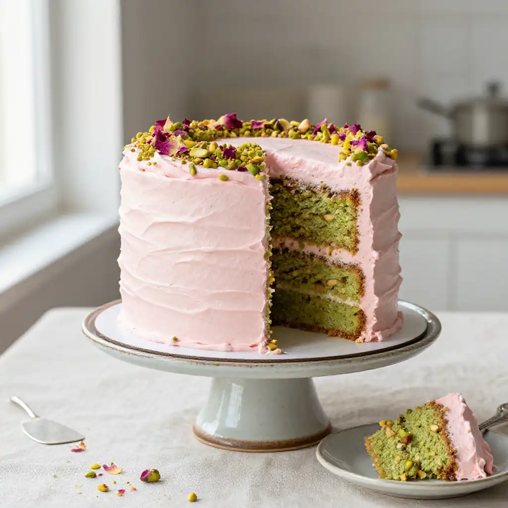 Rose Water and Pistachio Layer Cake plated dish