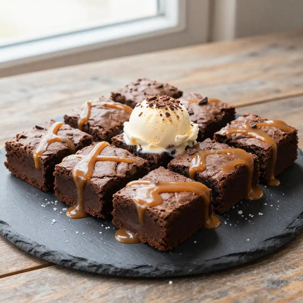 Salted Caramel Ribbon Brownies plated dish