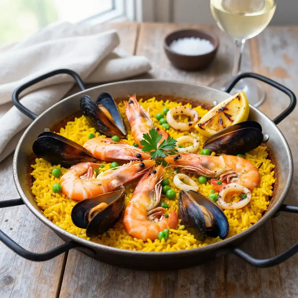 Seafood Paella with Shrimp, Mussels, and Saffron plated dish
