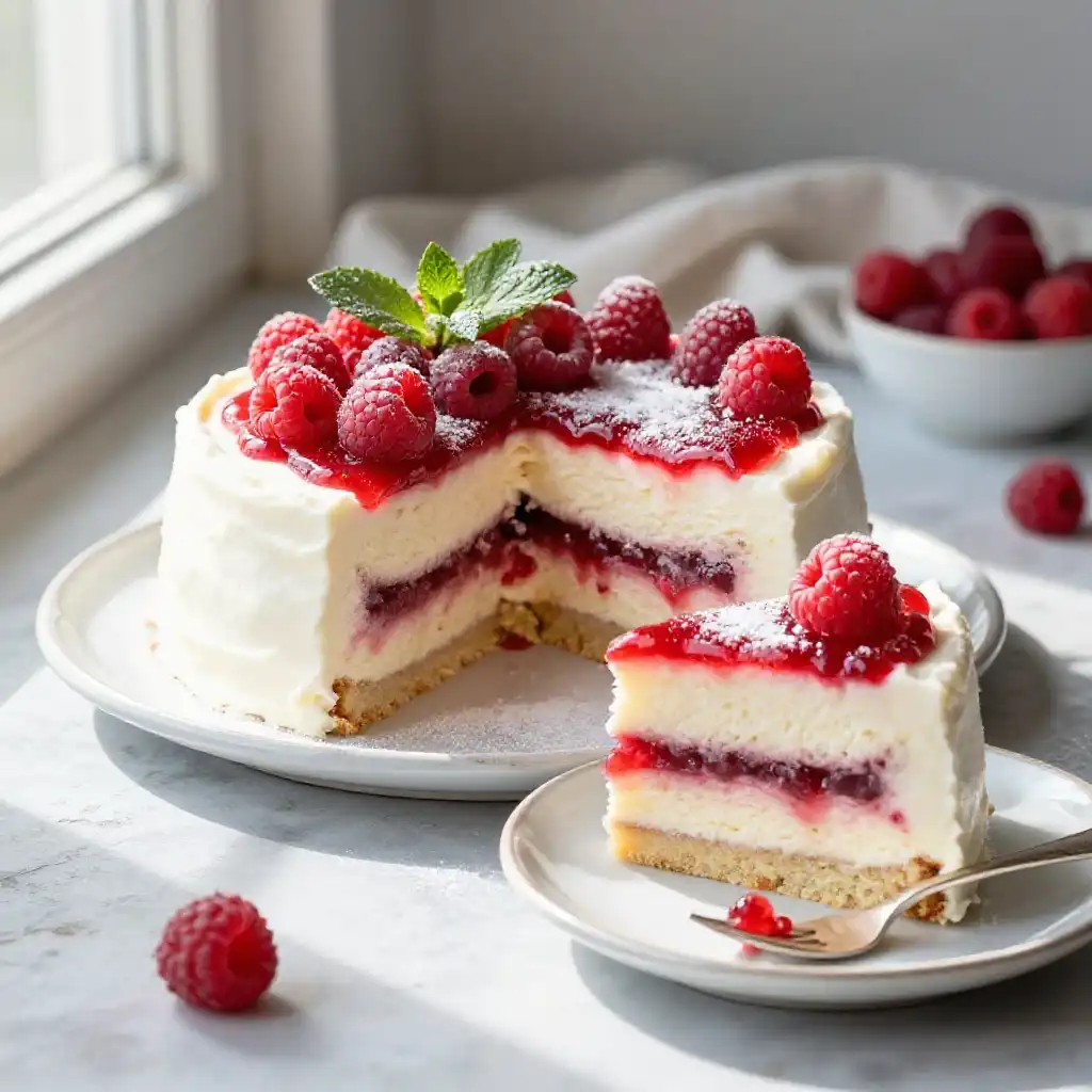 Semi-Freddo And Raspberry Layer Cake plated dish