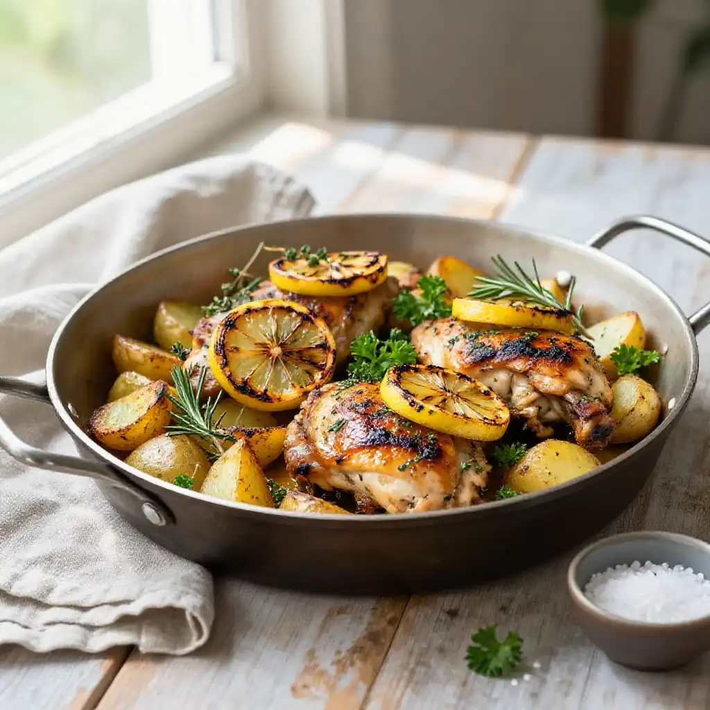 One-Pan Lemon Herb Roasted Chicken and Potatoes plated dish