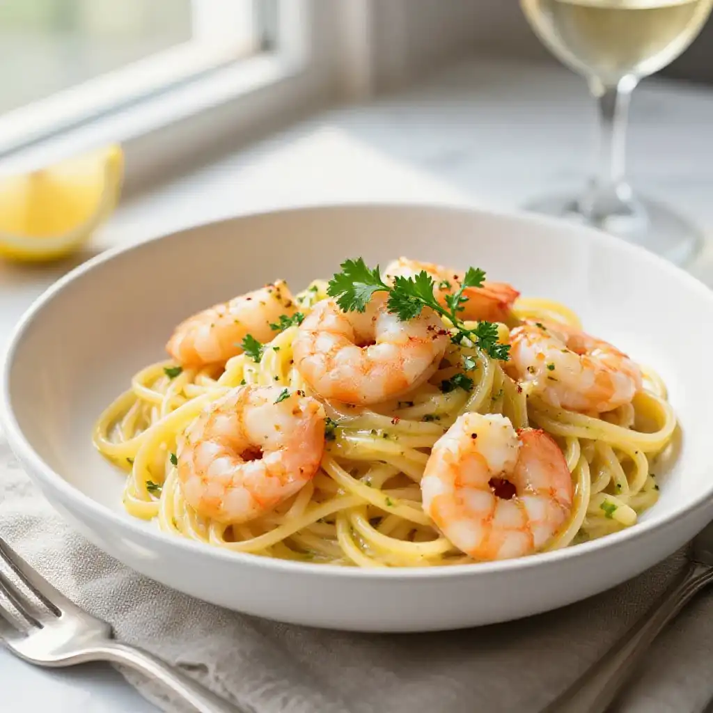 Classic Garlic Shrimp Scampi with Linguine and Fresh Parsley plated dish