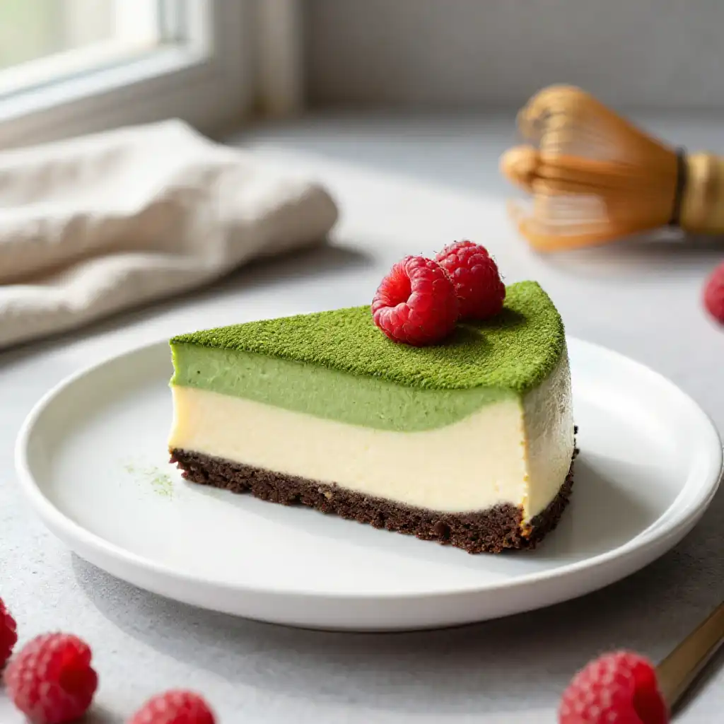 Silken Tofu and Matcha Green Tea Cake plated dish