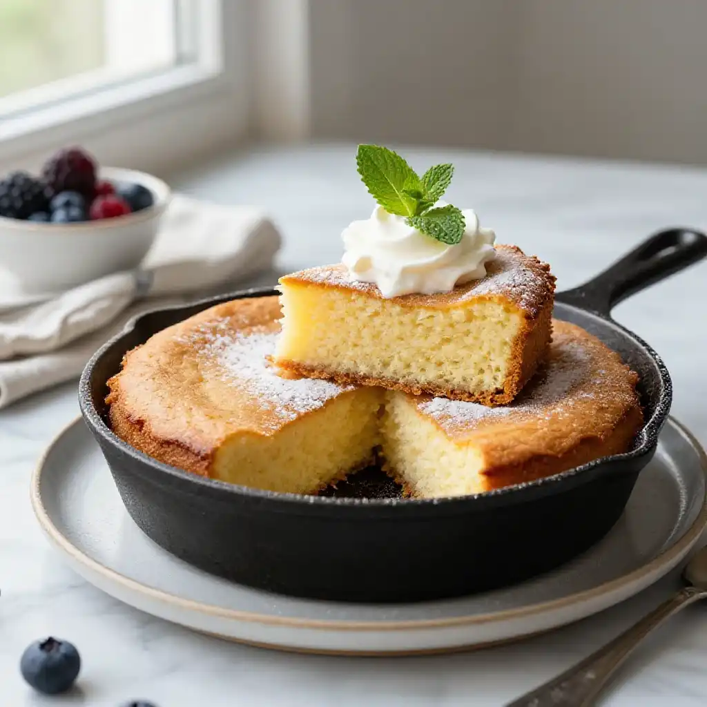 Simple Cast Iron Vanilla Cake plated dish