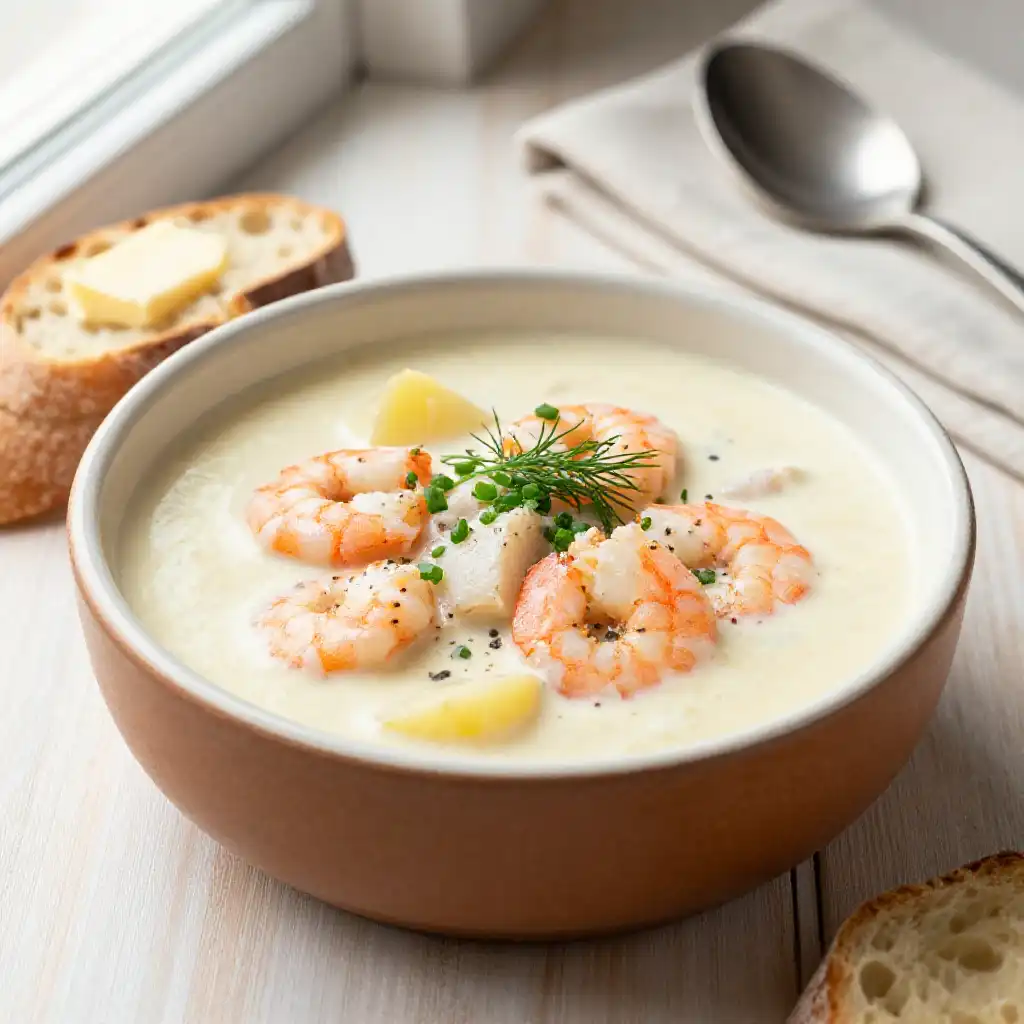 Slow Cooker Creamy Seafood Chowder plated dish