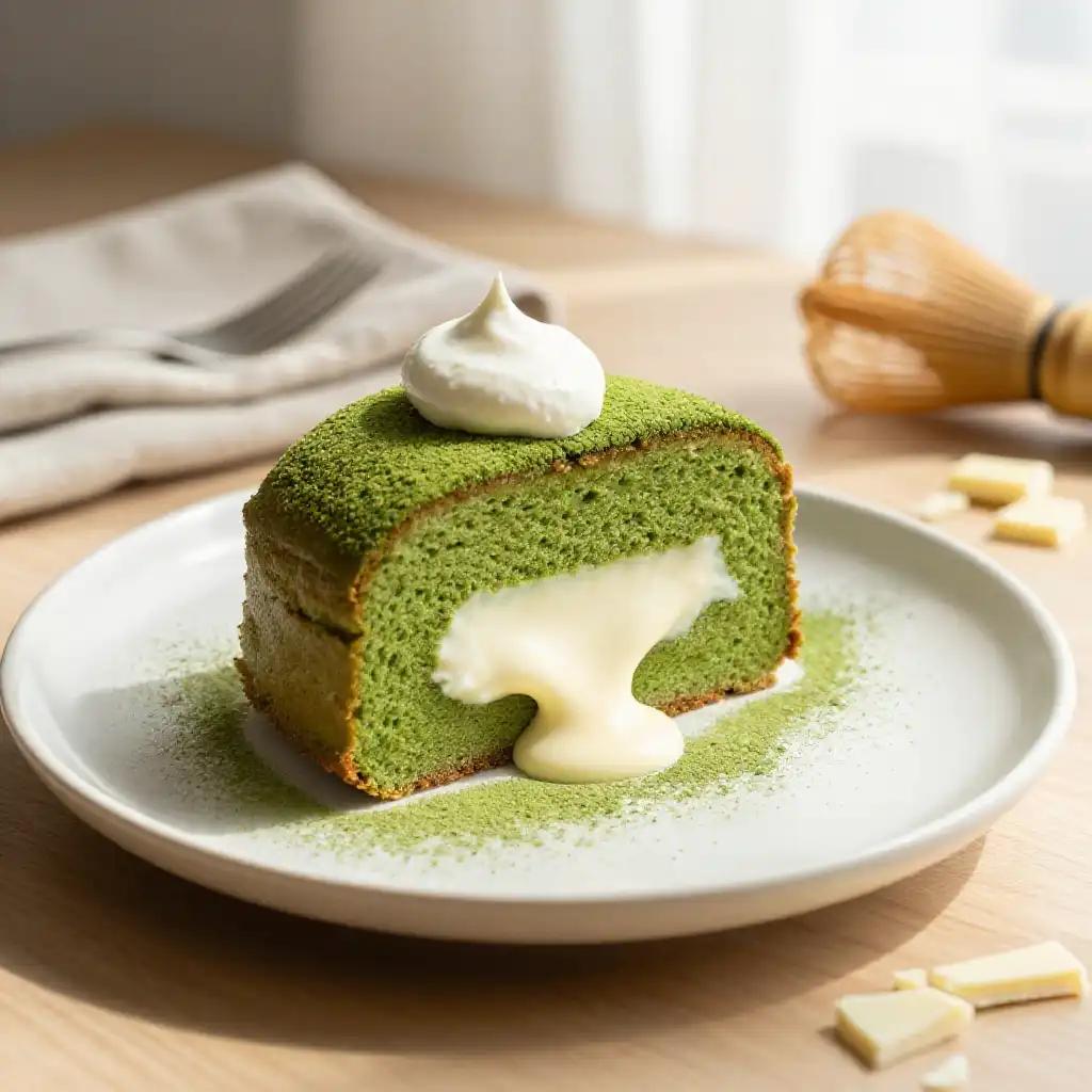 Solo Matcha and White Chocolate Cake plated dish