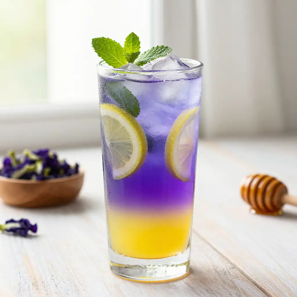 Spring Reset Butterfly Pea Flower Lemonade with Honey plated dish