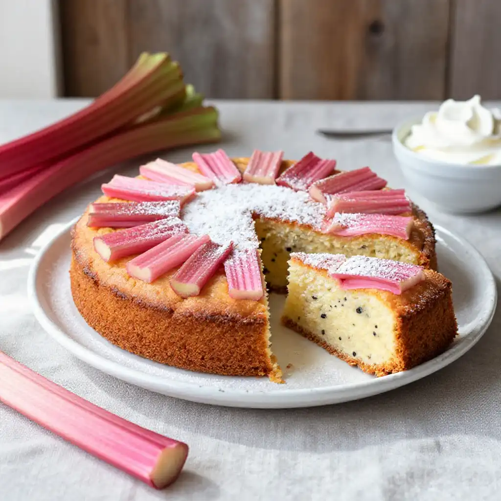 Spring Rhubarb And Vanilla Bean Cake plated dish