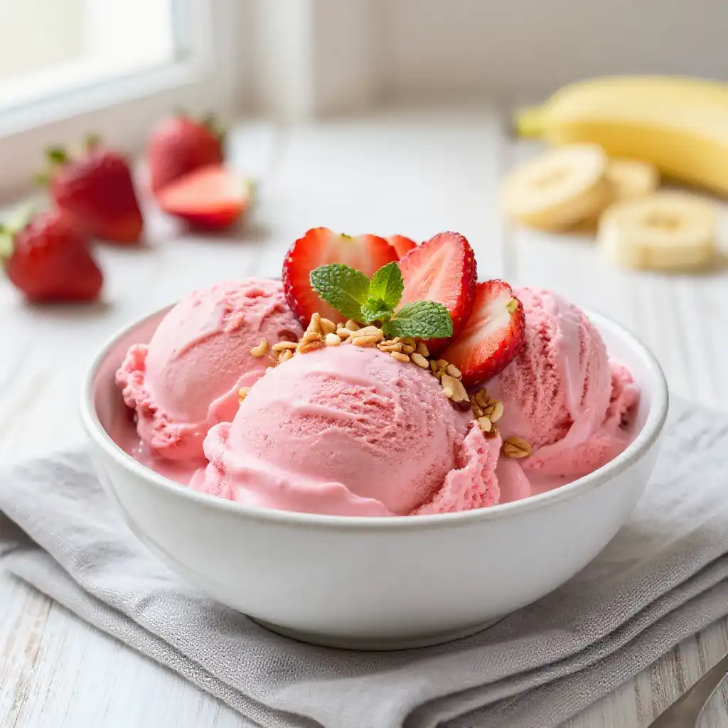 Strawberry Banana Nice Cream for Healthy Kids Snack plated dish