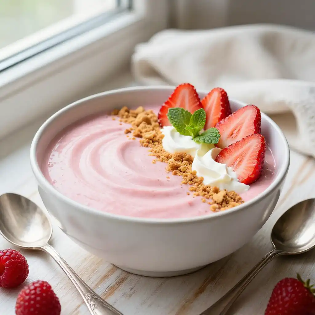 Strawberry Cheesecake Smoothie Bowl plated dish
