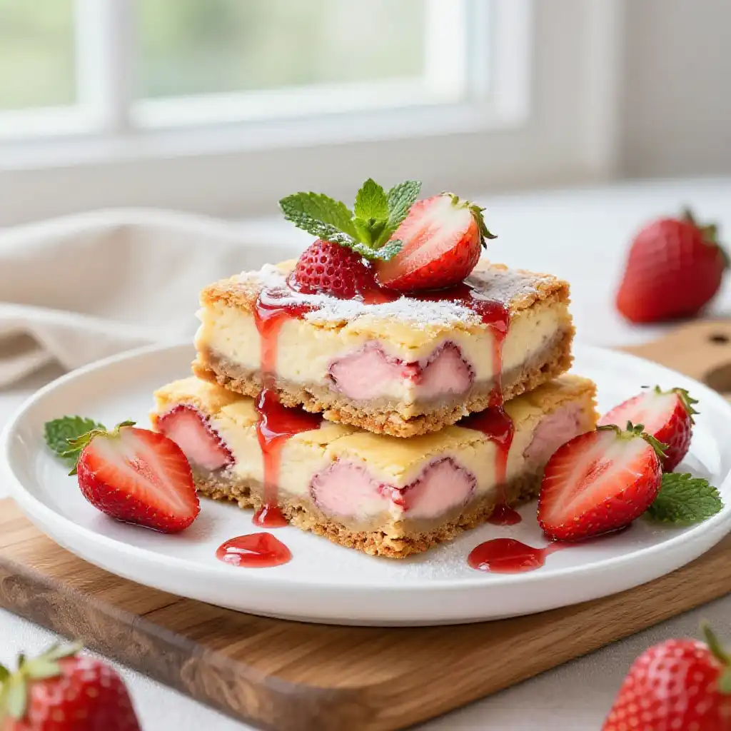 Strawberry Cheesecake Swirl Blondies plated dish