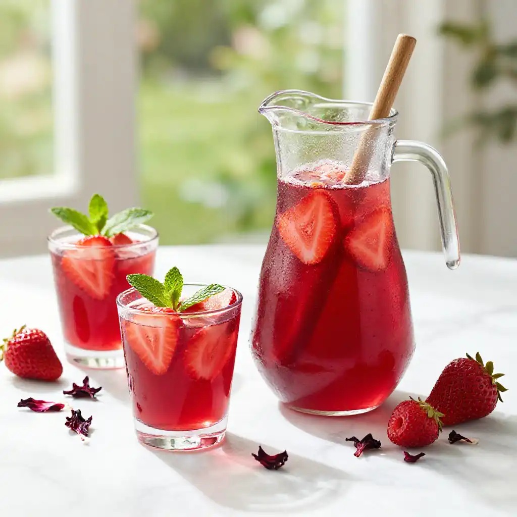 Strawberry Hibiscus Agua Fresca plated dish